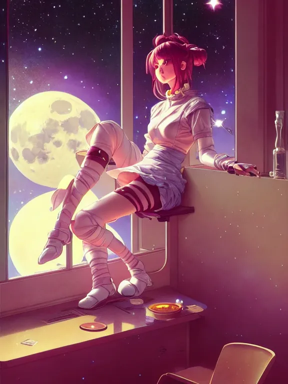 Image similar to full body picture of a space girl sitting in the moon cafe, bored, coveted, beautiful and aesthetic, intricate, unreal engine, messy hair, highly detailed, detailed face, smooth, sharp focus, chiaroscuro, manga illustration, artgerm, greg rutkowski, ilya kuvshinov, rossdraws, alphonse mucha, young adult light novel cover art