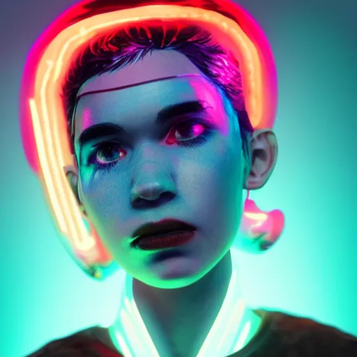 Image similar to grimes on stage djing, volumetric neon lights in the background, gleaming, 3 5 mm photography, portrait!!!!!!, trending on artstation, 4 k, 8 k, zbrush, mannerism