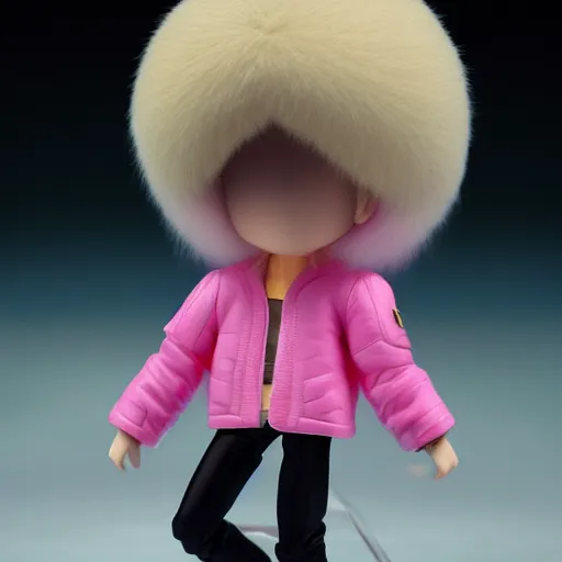 Image similar to magic mushroom, david bowie wearing pink puffy bomber jacket with white fur, nendroid, craig mullins style