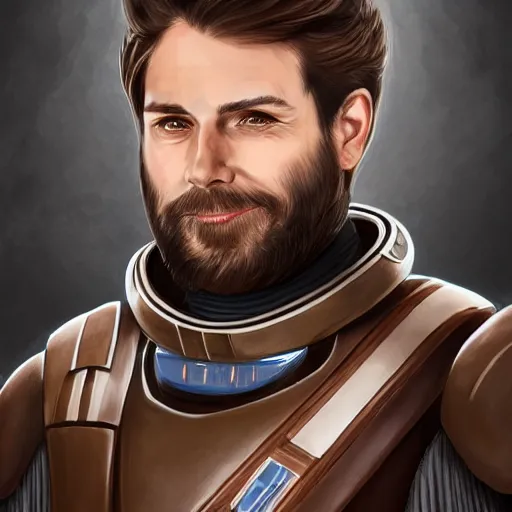 Image similar to Portrait of a man with brown hair and beard smiling in futuristic Star Wars imperial armor, digital art, realistic, artstation, detailed