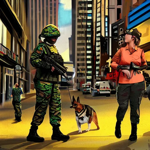 Image similar to female soldier with corgi sniffer dog in sci-fi city, digital art