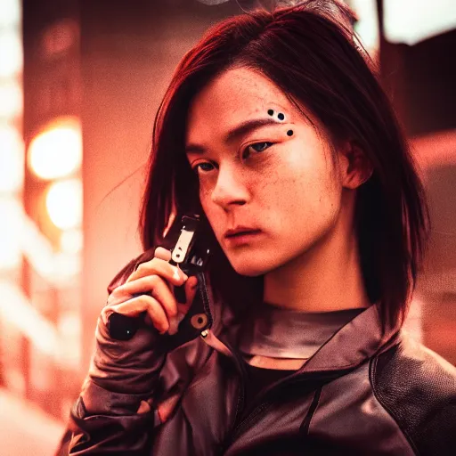 Image similar to cinestill 5 0 d candid photographic portrait of a techwear woman holding a gun on the rooftop of a futuristic city at night, closeup, modern cyberpunk moody emotional cinematic, clear skies, 8 k, hd, high resolution, 3 5 mm, f / 3 2, ultra realistic faces, ex machina