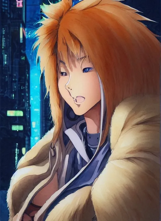 Image similar to Face portrait of a very very beautiful muscular anime girl with tanned skin and cream colored hair wearing a fur coat, watercolor, digital painting, art by Kenichi Sonoda ((Moebius)) Makoto Shinkai (((Shirow Masamune))) and Katsuhiro Otomo, very detailed, sharp focus, digital painting, cyberpunk, high quality, color manga panel, hard shadows