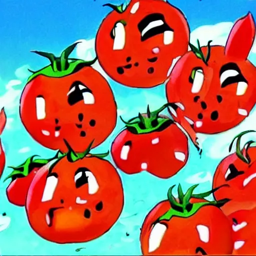 Image similar to attack of the killer's tomatoes. anime style