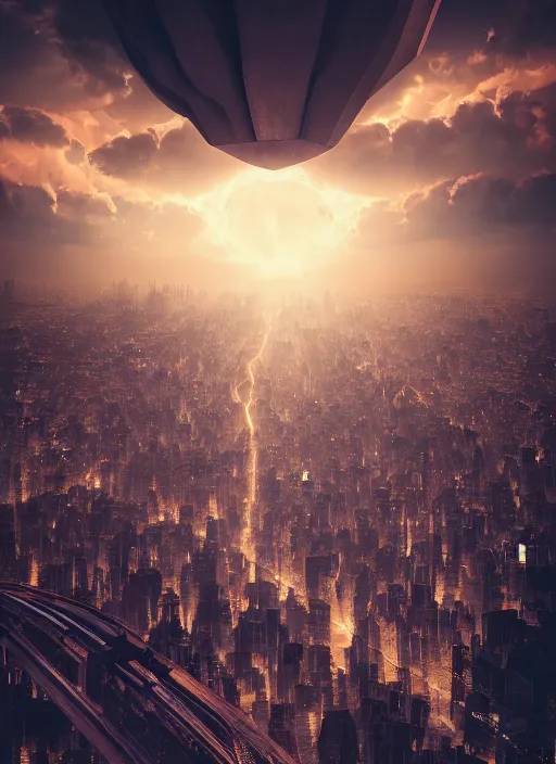 Prompt: megalophobia realistic photo of a hyper - dimensional head floating above a city, stylistic painting, dramatic lighting, dynamic composition, octane render, 4 k, 8 k