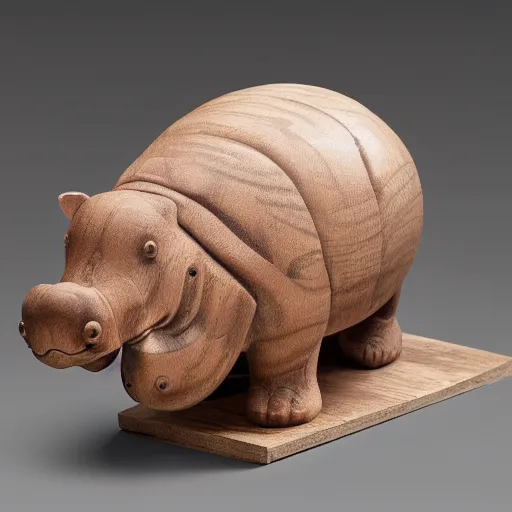 Prompt: studio product shot, side view of a simplified hippo figurine ( carved from teak )!!!!!!!, influenced by toddler toy, influenced by pixar, on a white to grey gradient background, wood grain!!!!!!, photorealistic, hyperrealistic, 8 k hd, octane render, unreal engine, featured on cgsociety