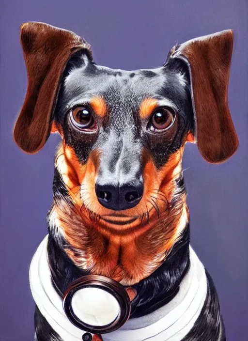 Prompt: dachshund with a monocle and a raised highbrow | sophisticated clothing | highly detailed | very intricate | elaborate outfit | symmetrical | cinematic lighting | award - winning | closeup portrait | painted by donato giancola and mandy jurgens and charlie bowater | featured on artstation