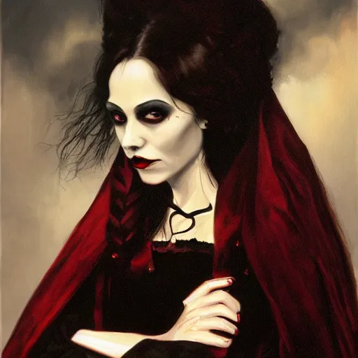 Prompt: A beautiful painting of a lady vampire, victorian, dracula, ominous, oil on canvas, photorealism, ultra detailed, irwin penn, high definition, soft light