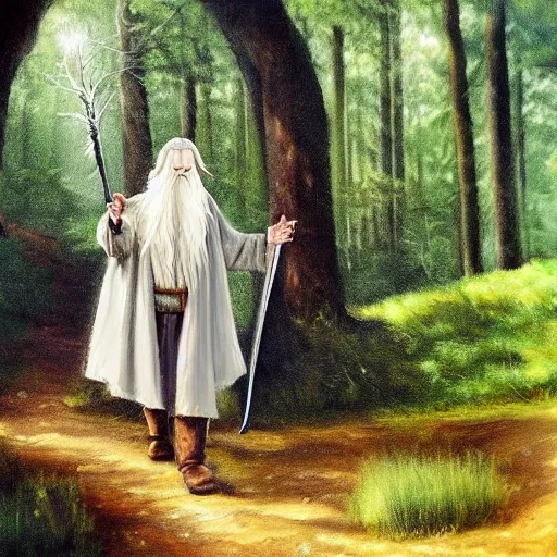 Image similar to Gandalf travelling trough the forest, oil painting