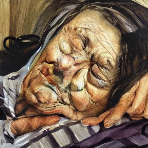 Prompt: Oil painting Portrait of a old Woman sleeping, by Lucian Freud, Abstract brush strokes, Masterpiece