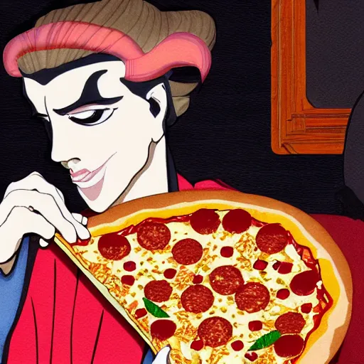 Image similar to hades in kimono eating pizza