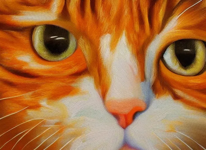 Image similar to detailed realistic realism painting of lasagna with the face of an orange tabby cat, at dusk, in the style of vincent van gogh and salvador dali and leonardo da vinci