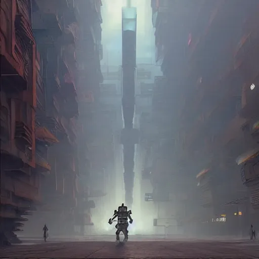 Image similar to mayan cyberpunk robot striding through streets of city, perfectly clear face, shadow of the colossus screenshot by j. c. leyendecker, simon stalenhag, studio ghibli, and beksinski