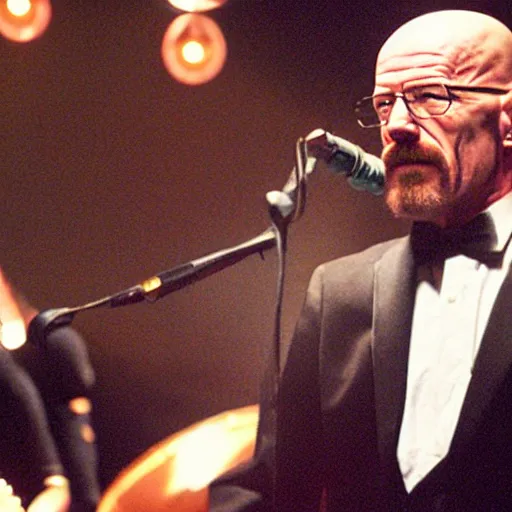 Prompt: A photo of Walter White performing with a 1970s funk band