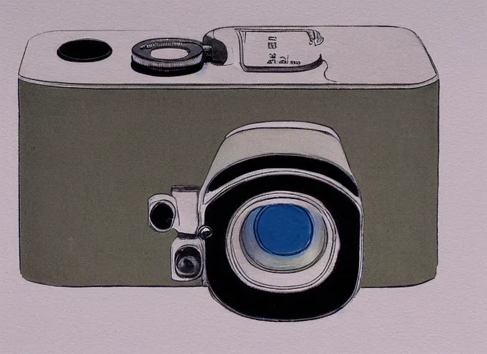 Image similar to painting by Hiroshi Yoshida of rangefinder camera designed by Dieter Rams, Naoto Fukasawa