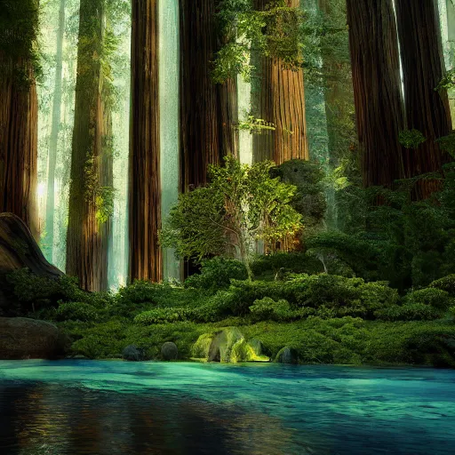 Prompt: enchanted magical illumined twisty swirly watery ( next level ) giant redwood forest. spells. runes. 8 k. uhd. octane render. highly elegant, detailed. harmonic composition. epic composition. hd.