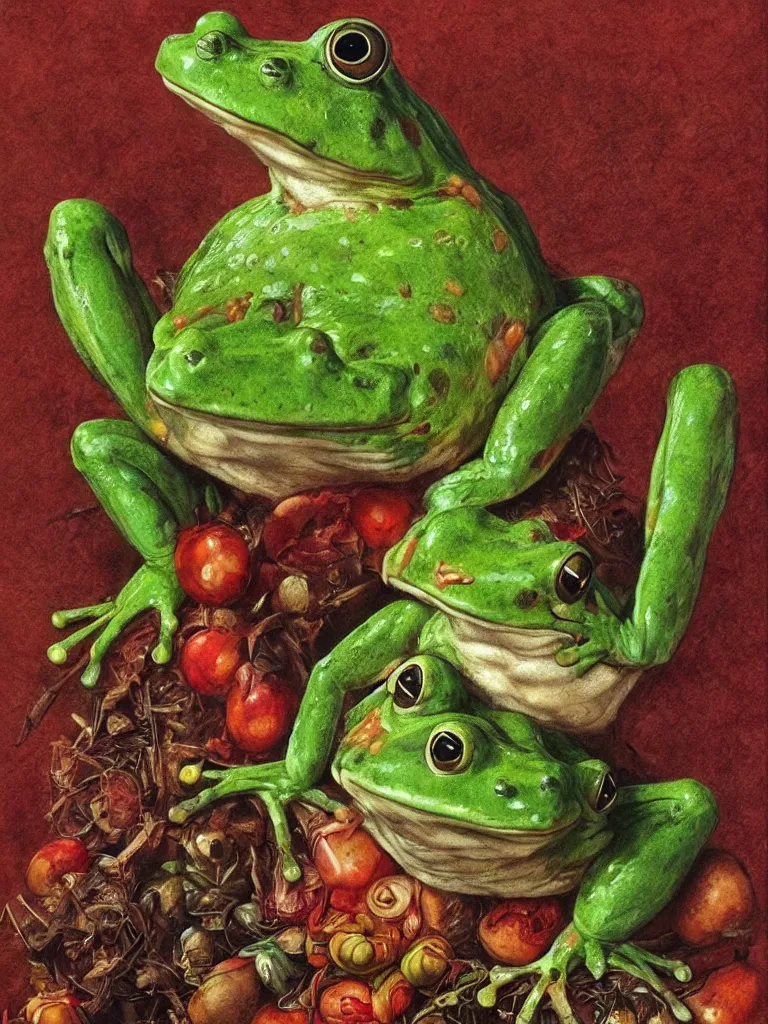 Image similar to Frog in style of Guiseppe Arcimboldo, sharp, masterpiece, artstation