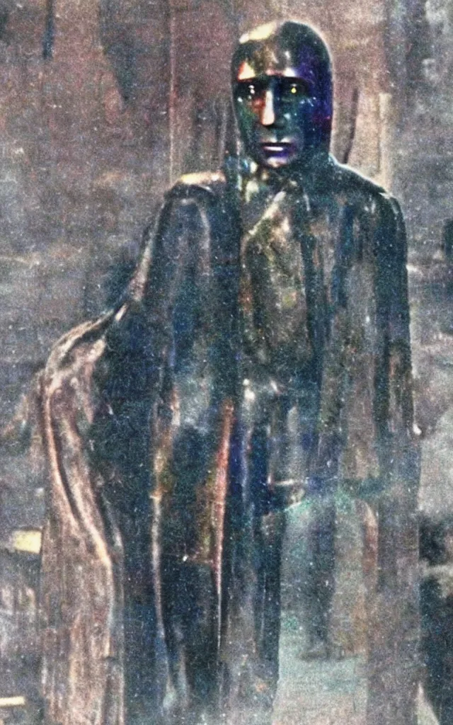 Prompt: high quality colorized movie still from Metropolis: a bloody handed murderer walking alone at night, silent movie, iridescent color palette chromatic aberration