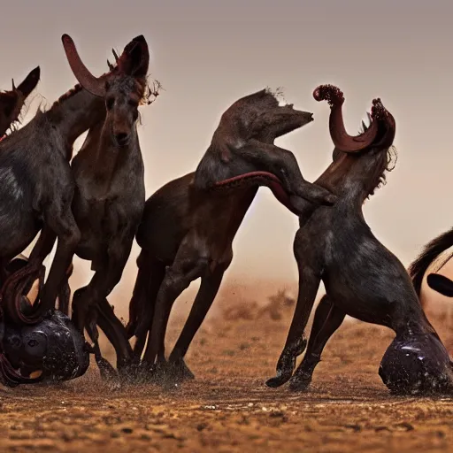 Image similar to National Geographic photo of horse full of octopus being eaten by African hunting dogs