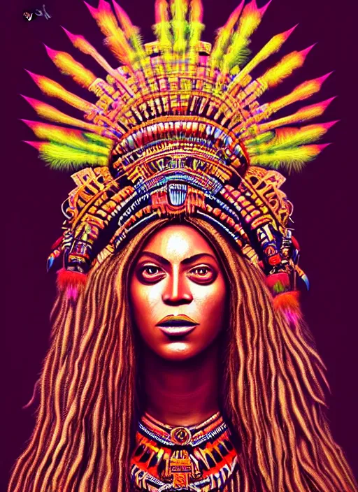 Image similar to portrait of beyonce, hyper detailed ultra sharp aztec shaman warrior. trending on artstation, warpaint aesthetic, bloodwave, colorful, psychedelic, ornate, intricate, digital painting, concept art, smooth, sharp focus, illustration, art by artgerm and greg rutkowski and h. r. giger, 8 k