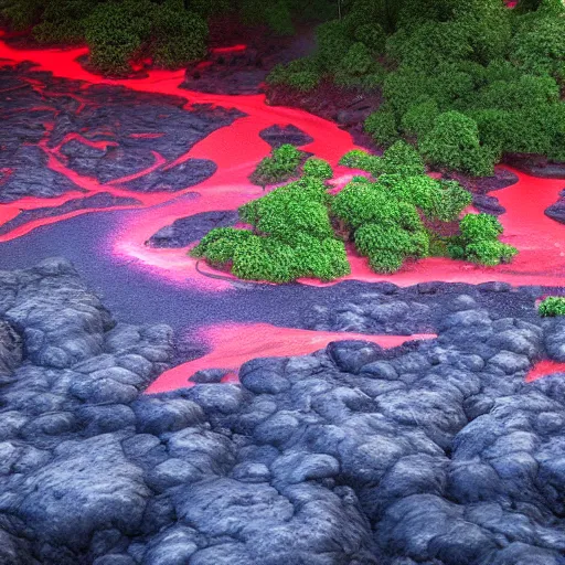 Prompt: river of glowing red hot lava in the middle of the jungle, digital art, photorealistic, trending on artstation