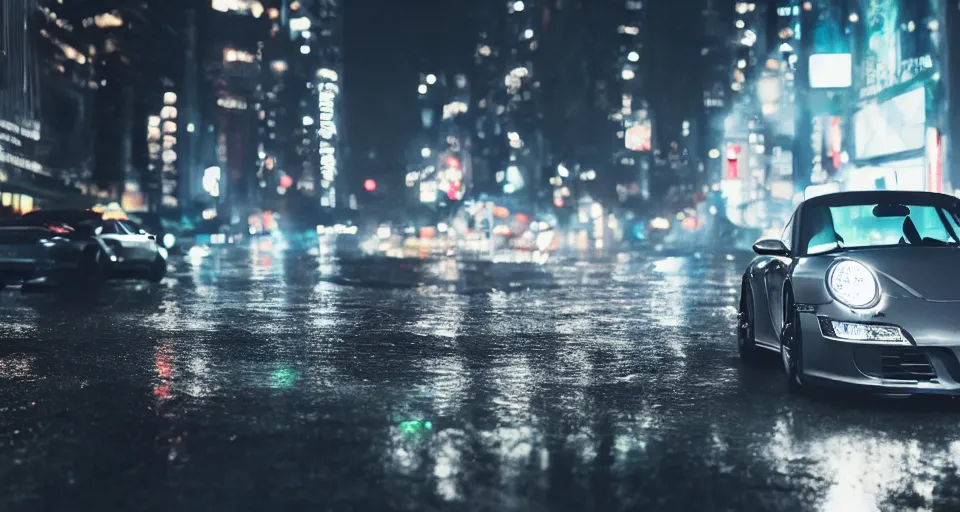 Prompt: close up macro shot of a porsche 9 1 1 car on wet city street at night, intricate, hyper detailed, smooth, high contrast, neon, volumetric lighting, octane, moebius, greg rutkowski, blade runner, ripley scott, cindmatic