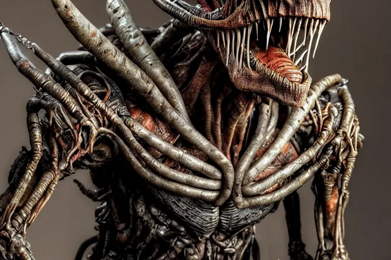 Image similar to photo taken of an epic intricate, ultra detailed, super realistic gritty, hero prop, exquisitely weathered animatronic movie prop of a lifelike sculpture of a nightmarish hellish alien creature displayed in the workshop, created by weta workshop, full body shot, photorealistic, sharp focus