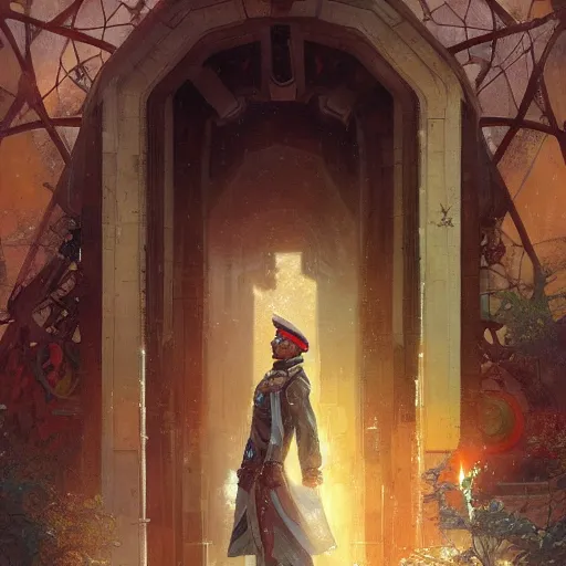 Image similar to A soviet officer wearing long flowing robes in front of a magical gateway to another universe, illustration by greg rutkowski, thomas kindkade, alphonse mucha, loish, norman rockwell, artstation