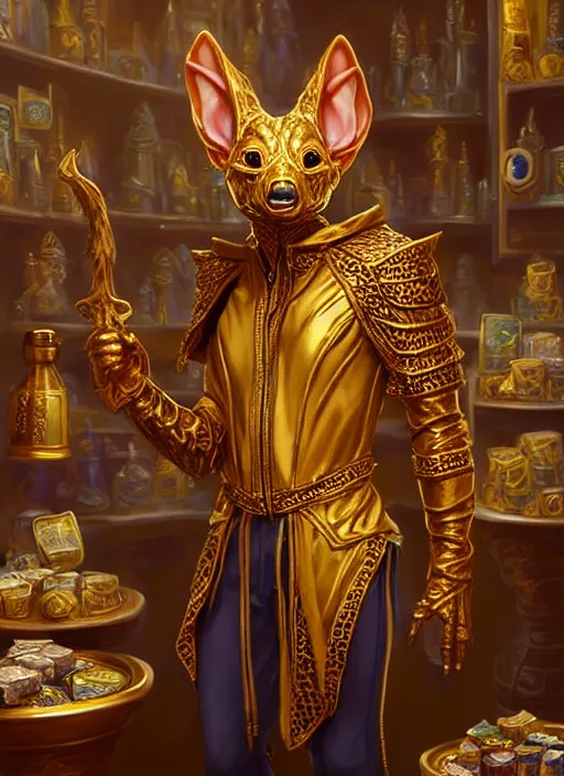 Image similar to a _ fantasy _ style _ portrait _ painting _ of a humanoid gold kobold male in wizard robes in a store selling things, oil _ painting _ unreal _ 5 _ daz. _ rpg _ portrait _ extremely _ detailed _ artgerm _ greg _ rutkowski _ greg