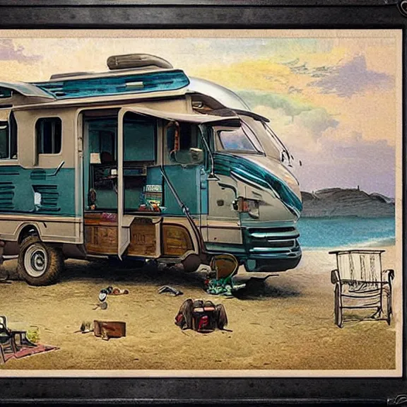 Image similar to Camping with rv by the beach, art nouveau matte painting, highly detailed,