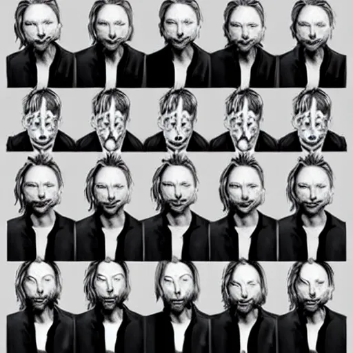 Image similar to overlapping sprite sheets of thom yorke, hyper realistic, many variations of thom yorke, face variations, various emotions, various poses, high quality photographs, mixed styles intricate details, beautiful lighting