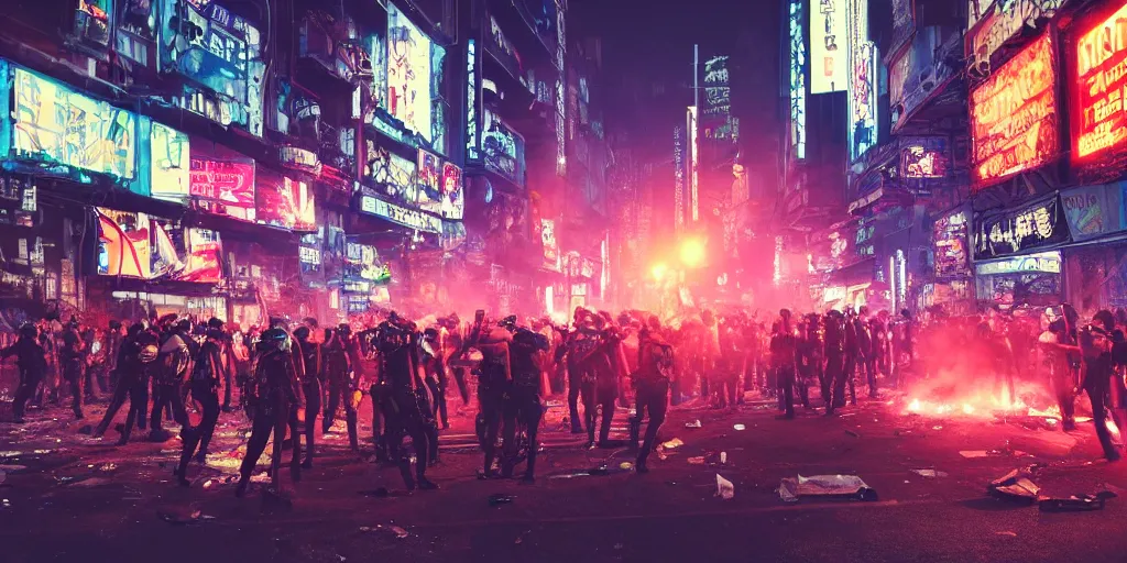 Image similar to very long shot, lit in neon light of advertisement, riot in a cyberpunk city, police use special equipment against the crowd on a square, high detail art, evening, police sirens in smoke, dark environment