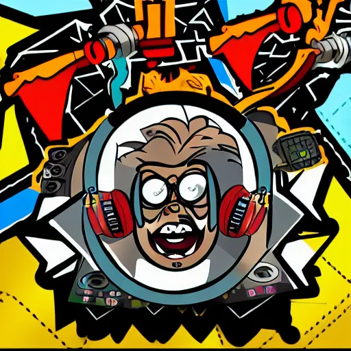 Image similar to svg vector sticker of absolutely insane-mad-scientist-villain, rocking out, wearing headphones, huge speakers, dancing, rave, DJ, spinning records, digital art, amazing composition, rule-of-thirds, award-winning, trending on artstation, featured on deviantart