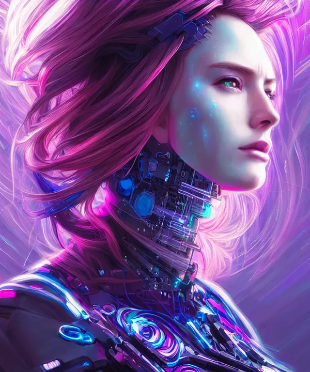 Image similar to beautiful adult woman wearing netrunner clothing, extremely detailed face, cyberpunk, cybernetic, cyborg, vaporwave aesthetic, synthwave, flowing hair, colorful, psychedelic, intricate, elegant, highly detailed, digital painting, artstation, concept art, smooth, sharp focus, illustration, art by artgerm and greg rutkowski and alphonse mucha