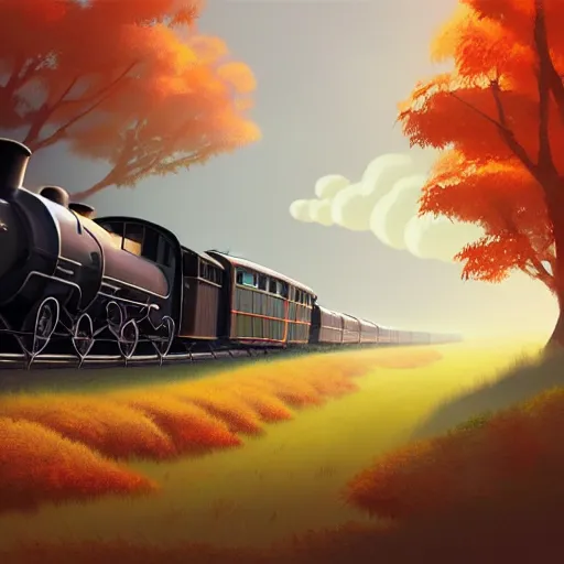 Image similar to Goro Fujita illustrating An antique steam train with a large white cloud coming out of the chimney travels through a beautiful autumn forest along the railroad tracks, art by Goro Fujita, concept art, sharp focus, ArtStation