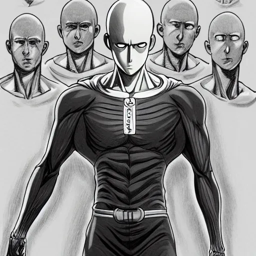 Image similar to anatomical drawing of saitama, medical illustration, in the style of one punch man anime, highly detailed