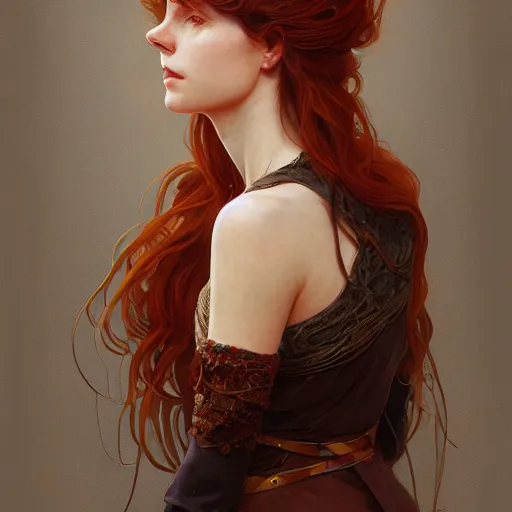Prompt: A full portrait of Nordic female, 30 years old, brown red long hair, intricate, elegant, highly detailed, digital painting, artstation, concept art, smooth, sharp focus, illustration, art by Krenz Cushart and Artem Demura and alphonse mucha