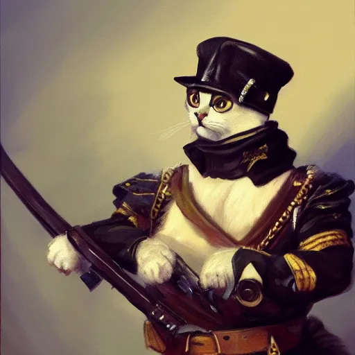 Image similar to a portrait painting of a cat in military uniform holding a musket at its side , artstation, artsy, highly details