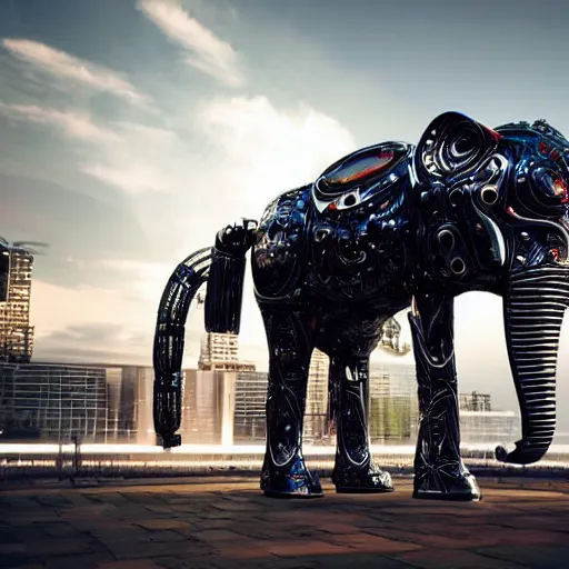 Prompt: a cyborg robotic elephant made of metal in a large city, cinematic lighting