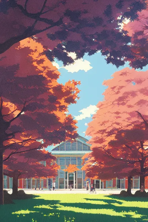 Image similar to a colorful traditional american high school building full of students with beautiful trees, morning, by studio ghibli painting, superior quality, masterpiece, traditional Japanese colors, by Grzegorz Rutkowski, concept art