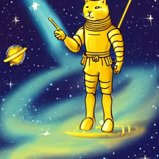 Prompt: a knight of golden cat in space