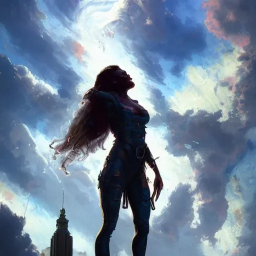 Image similar to ifirst person perspective in a city looking up at the sky to see god's female face looking down at you, doom, fantasy illustration, by greg rutkowski