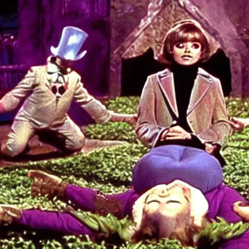 Prompt: film still of the ritual sacrifice scene from willy wonka & the chocolate factory (1971)