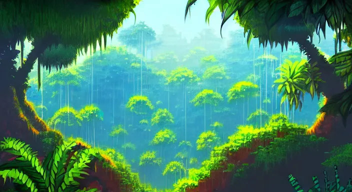 Image similar to beauiful background painting of a jungle level of a 2 d sidescroller game, the jungle is dense and thick, under sunlight above, video game art, pixel art, concept art, soft and lushful, impressionism, ultra detailed, natural lighting, trending on artstation