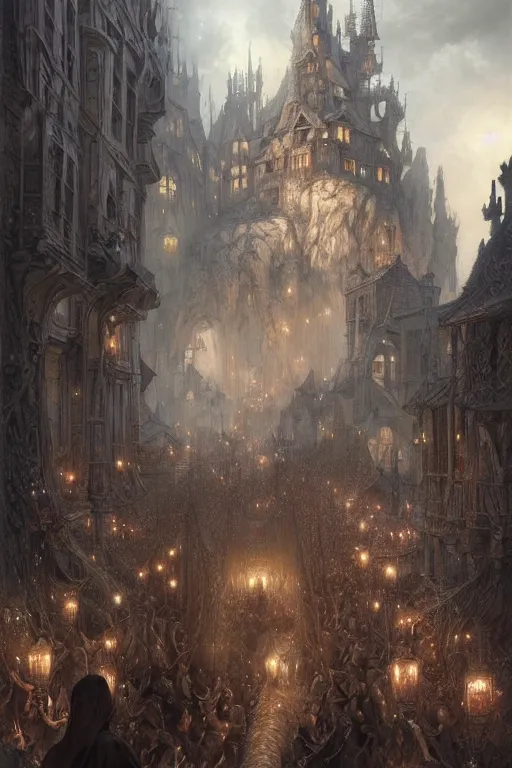 Image similar to medieval parade, holiday, by wlop, by luis royo, by peter mohrbacher, concept art, digital illustration, intricate, masterpiece, elegant, super detailed, unreal engine rendering, smooth, sharp focus, artstation hq