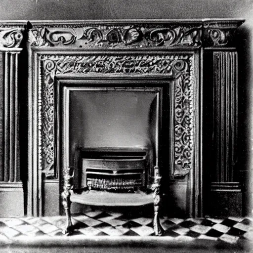 Prompt: grainy 1800s photo of an ornate fireplace that is generating atomic energy