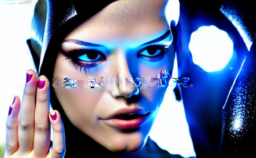 Image similar to medium shot flash photography, photograph of incredibly beautiful and alluring futuristic female cyborg looking into camera. sharp focus, technology, stock photo H 1216