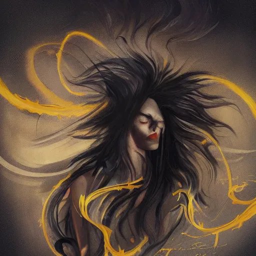 Image similar to a scary evil monster by peter mohrbacher gold leaves dramatically circling in the wind, dark muted colors, top light, cinematic, asian sun, peter mohrbacher dramatic long haired woman with long dramatic black ribbon circling in the wind, casey baugh style, dark muted colors, top light, cinematic, asian sun, art deco border, golden ratio deco border, golden ratio