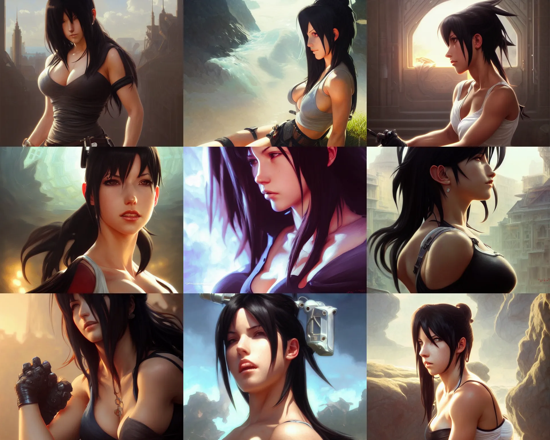 Prompt: tifa lockhart experiencing a heat wave, deep focus, intricate, elegant, highly detailed, digital painting, artstation, concept art, matte, sharp focus, illustration, art by artgerm and greg rutkowski and alphonse mucha