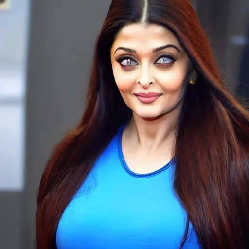 Image similar to aishwarya rai, blue tight tshirt, black extremely tight jeans, beautiful, award winning photography, extremely detailed, hyperrealistic, 4 k